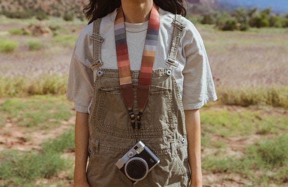 Retro Striped Camera Strap Design with Brown Vegan Leather | Photography Accessories | Colorful | Vivid | Color Palette | Crossbody