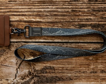 Lanyard - Midnight Mountain - Mountain and Stars Printed in Black Neck Lanyard for Badge ID Holder, Key Fob | Long Lanyard, Gift for Him/Her