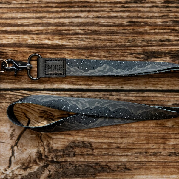 Lanyard - Midnight Mountain - Mountain and Stars Printed in Black Neck Lanyard for Badge ID Holder, Key Fob | Long Lanyard, Gift for Him/Her
