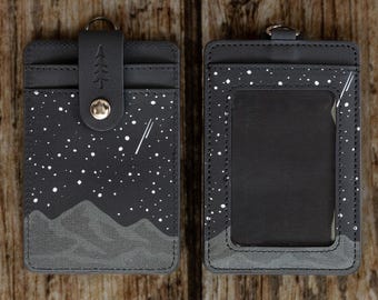 Midnight Mountain ID Badge Holder - Mountain and Stars Printed in Black, Vegan Leather Badge Wallet, Card Holder