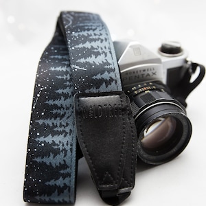 Camera Strap Night Sky, Trees Under the Stars, landscape, Outdoor Adventure, Black, Astrophotography Aesthetic, Vegan Leather, Accessory