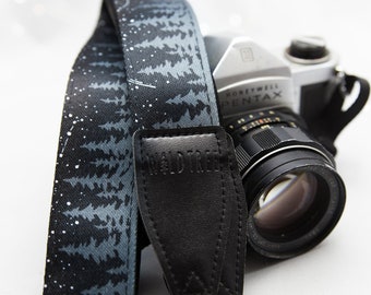 Camera Strap Night Sky, Trees Under the Stars, landscape, Outdoor Adventure, Black, Astrophotography Aesthetic, Vegan Leather, Accessory