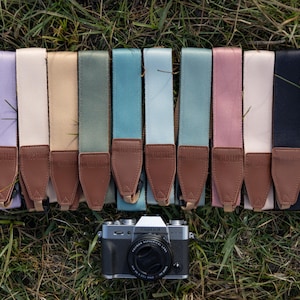Assortiment de sangles colorées pour appareil photo. 11 couleurs disponibles, cadeau pour photographe, support pour appareil photo, cuir végétalien, bandoulière, tour de cou