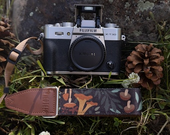 Camera Wrist Strap - Forest Foliage mushrooms | Forest plants | Brown vegan leather | Outdoor Adventure, Camera Accessory | Nature Binocular