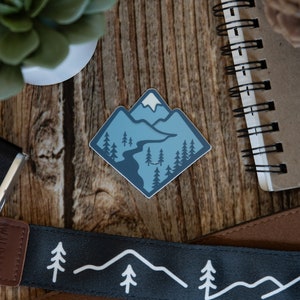 Blue Mountain Sticker River, Tree, Hammock, Snow Top Mountain, Valley. Bottle, Laptop, Vinyl, Decal, Car Bumper, Travel, Outdoor Adventure image 2