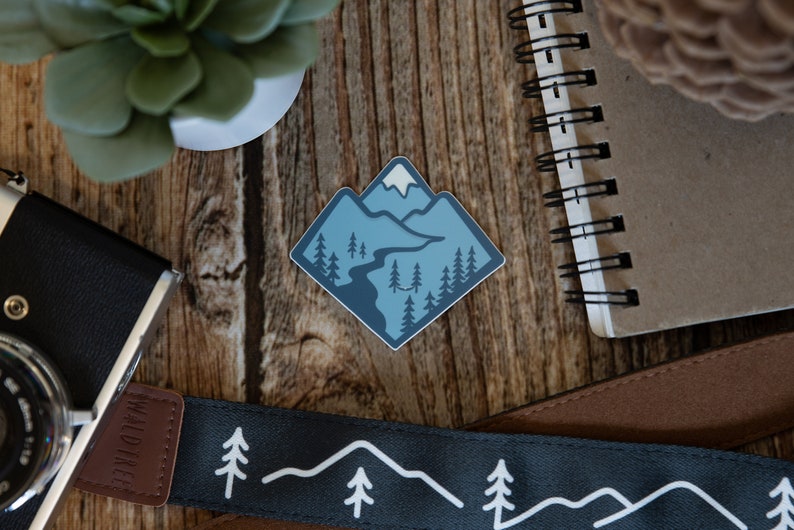 Blue Mountain Sticker River, Tree, Hammock, Snow Top Mountain, Valley. Bottle, Laptop, Vinyl, Decal, Car Bumper, Travel, Outdoor Adventure image 2