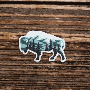 Bison Landscape Sticker, Bison Shaped, Mountain Range, Forest, Wildlife, Animal, Vinyl, Decal, Bumper, Laptop, Hiking, Travel, Water Bottle