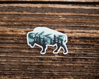 Bison Landscape Sticker, Bison Shaped, Mountain Range, Forest, Wildlife, Animal, Vinyl, Decal, Bumper, Laptop, Hiking, Travel, Water Bottle