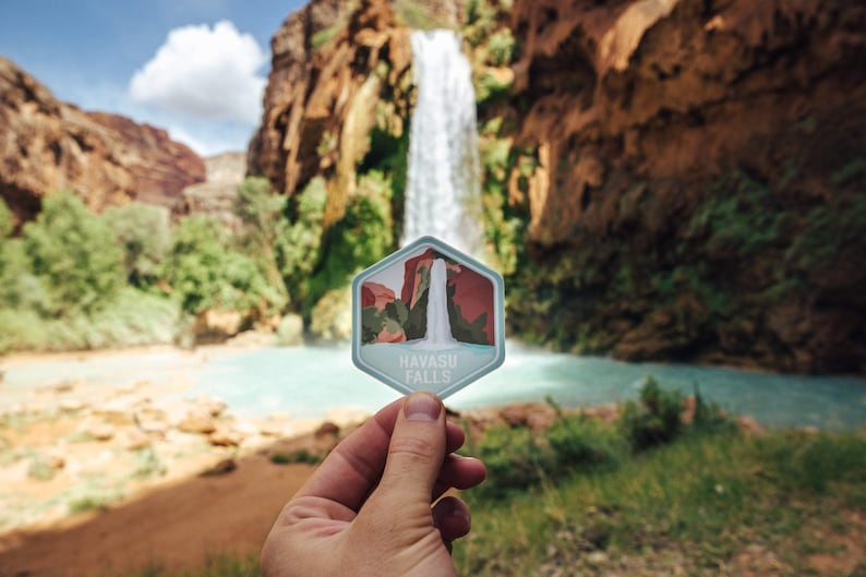 Havasu falls sticker in front of havasupia waterfall in arizona