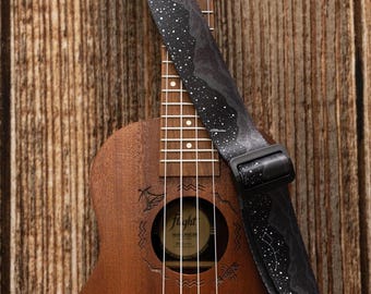 Ukulele Strap - Midnight Mountain - Adjustable Black Strap Printed with Mountains/Stars, Leather ends, Instrument Accessory, Musician Gift