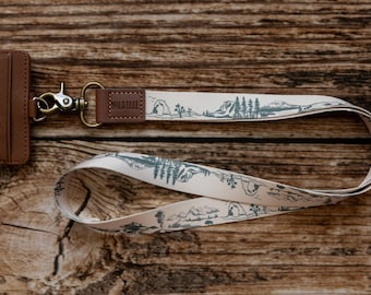 National Park Neck Lanyard | Great for Badge ID Holder, Key Fob, Long Lanyard, Tan and Green Printed, Gift for Him/Her, Teacher Gift