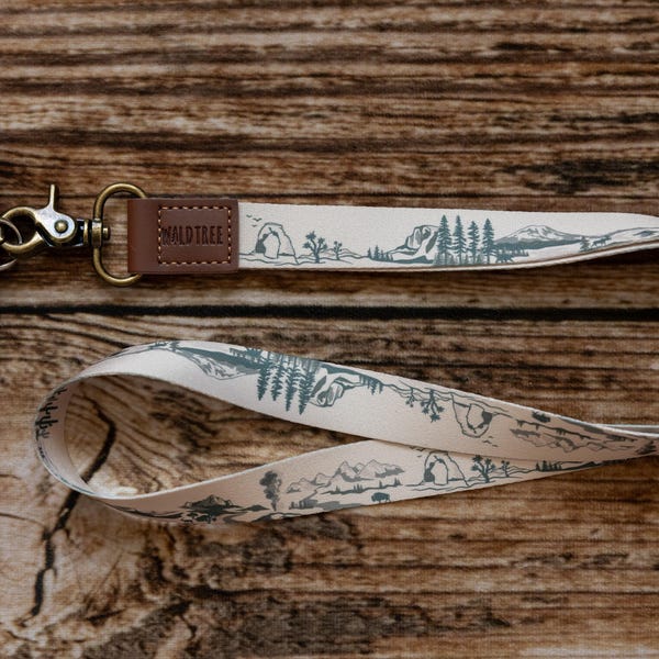 National Park Neck Lanyard | Great for Badge ID Holder, Key Fob, Long Lanyard, Tan and Green Printed, Gift for Him/Her, Teacher Gift