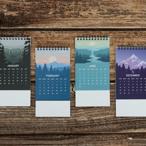 2024 Calendar Desk Size 4 x 6, Illustrated Landscapes Desk Decor, Biomes, Minimilistic, lofi, Outdoors, Soothing, calm image 1