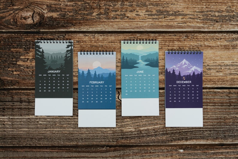 2024 Calendar Desk Size 4 x 6, Illustrated Landscapes Desk Decor, Biomes, Minimilistic, lofi, Outdoors, Soothing, calm image 1