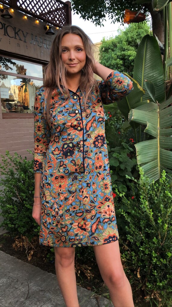 1970’s Groovy Multicolor Floral Paisley Print Dres