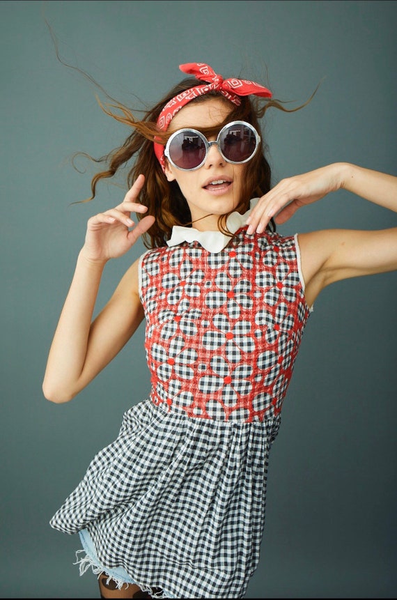 Vintage Embroidered Cotton Gingham Peplum country