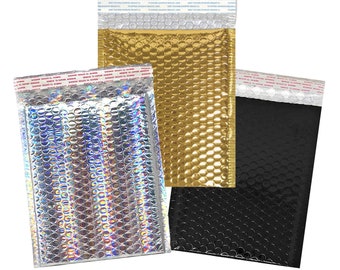 100 pack 8.5x12 Bubble Mailers, Holographic, Black & Gold Metallic Weatherproof Padded Self Sealing Shipping Envelopes, Heavy Duty Quality!