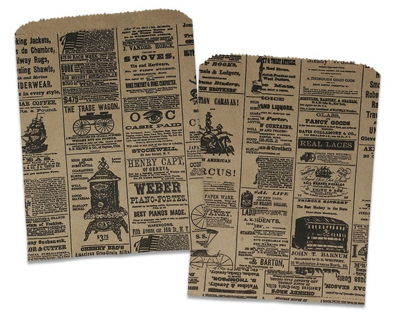 25 Pack 8x12 Newsprint Paper Bags, Vintage, Rustic Kraft Party Favor Bags,  Birthday, Wedding, Newspaper Kraft Paper Gift 8.5x11 Bags 