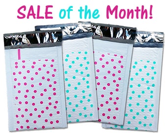 4"x 8" inch Hot Pink & Teal Polka Dot Poly Bubble Mailers, (4.25x7" Usable Space) Padded Shipping Self Adhesive Protective Mailing Envelopes