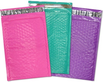 25 Pack Pink, Purple & Teal 4x8 Poly Bubble Mailers! Fun Colors Combo! Padded Envelope Mailers, Air Cushioned Peel and Seal Mailing Bags