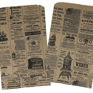 25 Pack 6x9 Newsprint Paper Bags, Vintage,  Rustic Kraft Party Favor Bags, Birthday, Wedding, Newspaper Craft Paper Retail GIft Style Bags