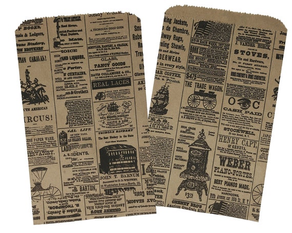 6x9 Newsprint Paper Bags, Vintage, Rustic Kraft Party Favor Bags