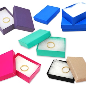 Rosa quente, ouro rosa, cerceta, azul real, roxo 3x2x1 Polegada caixas de jóias de apresentação cheias de algodão, exibição de presente de papel kraft varejo, anel,