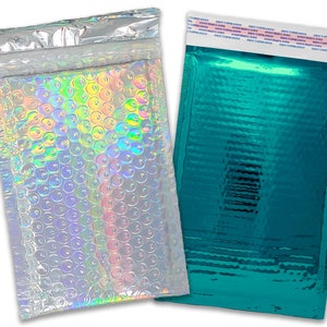 40 pack 4x8" Holographic and/or Teal Combo Metallic Bubble Mailers, Padded Self Sealing Shipping Envelopes, Size #000 Shiny Reflective