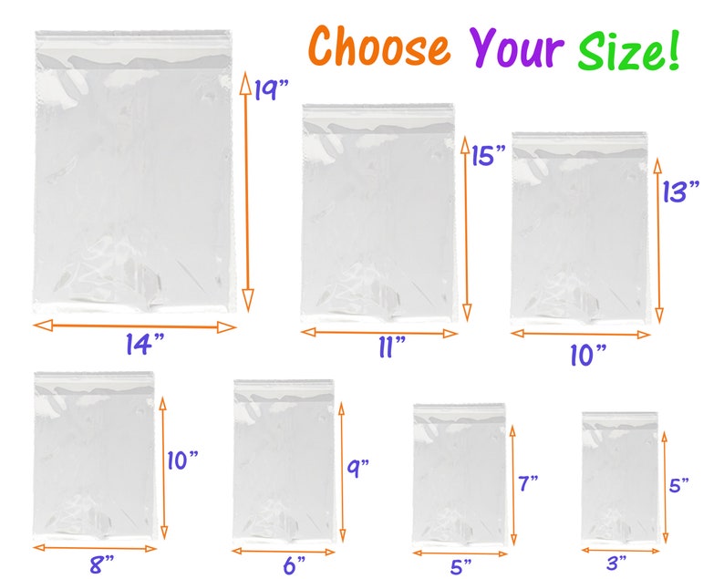 7 Sizes Crystal Clear Self Seal Transparent Plastic Cellophane Poly Bags, Cookies, Candy, Gifts, Merchandise, Tshirts, Storage Bags 1.5 Mil image 1