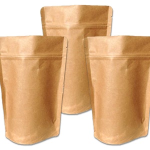 25 Pack 2 oz. Natural Kraft Stand Up Pouch Bags, Food Safe Resealable Packaging Bags, Tea Paper, Coffee Favor Bags, Foil Product Storage