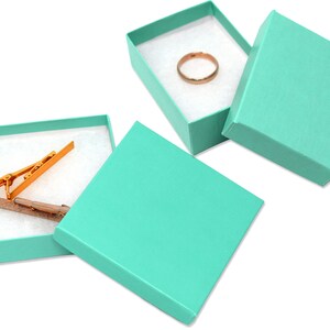 Verde menta azul-petróleo 3x2x1, 3,5x3,5 x 1 polegada, caixas de joias de apresentação com enchimento de fibra de algodão, papel kraft, exibição de presente, anel de artesanato, pulseira, EUA