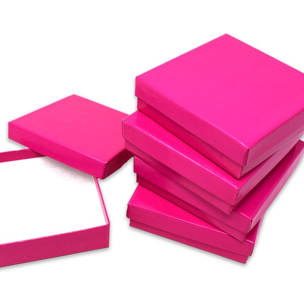 Hot Pink 3.5x3.5x1 Inch Cotton Filled Jewelry Boxes, Gift Presentation Display Retail Craft Storage, Necklace Kraft Paper Bracelet Box