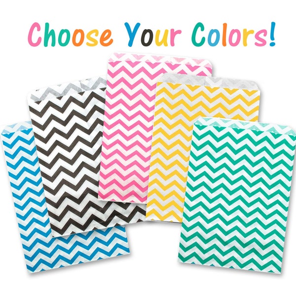 50 Pack 6x9 Paper Bags,  Chevron Design, Pink, Yellow, Teal, Black, Blue Wedding Bags, Party Favor Bags, Birthday, Candy Bags, Kraft Paper