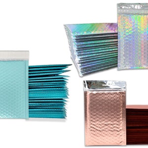 4x8" Holographic, Aqua Ice Blue,  Sunset Peach Metallic Bubble Mailers Combo, Padded Shipping Envelopes, 4x7.25 Size Shiny Reflective Mailer