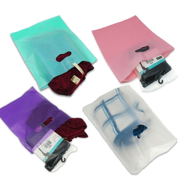 100 Pack 9"x 12" Aqua, Lavender, Chocolate, Clear Frosted Plastic MERCHANDISE BAGS with Handles, 2.5 MIL  Quality Favor Plastic Bags