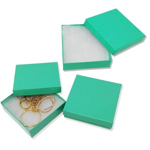 20 pacotes de caixas de joias cheias de algodão azul-petróleo, 3,5 x 3,5 x 1 polegada, exibição de apresentação de papel, anel de armazenamento de varejo, caixa de colar de alfinetes e brincos