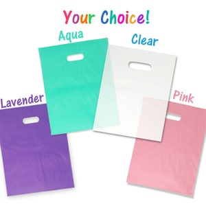 50 Pack 9"x 12" Aqua, Lavender, Chocolate, Clear Frosted Plastic MERCHANDISE BAGS with Handles, 2.5 MIL  Quality Favor Plastic Bags