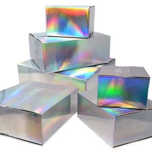 Kleine, middelgrote, grote hologram designerdozen, recyclebaar, herbruikbare verzendbedankjes, holografisch leuk feest flitsende kartonnen geschenkdoos