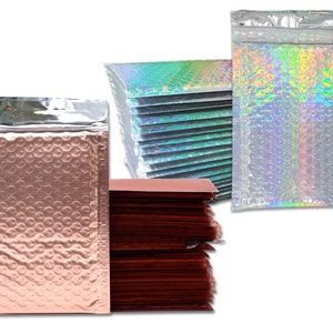 4x8" Holographic and Sunset Peach Metallic Bubble Mailers, Padded Self Sealing Shipping Envelopes, Size #000 Shiny Reflective Durable Mailer