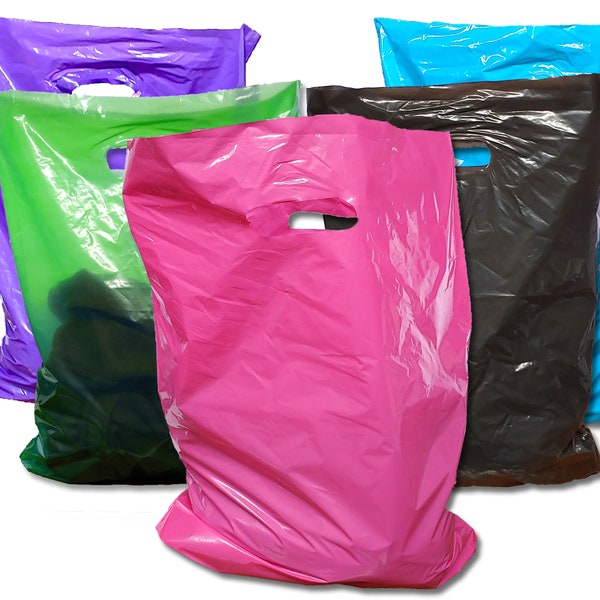 15x18 Inch Large Plastic Merchandise Bags, Pink, Teal, Blue, Lime, Purple, Black Combo Plastic w/Die Cut Handles, Colored Retail Gift Sack