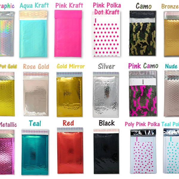 4x8"  CHOOSE! Holographic, Pink, Rose Gold, Teal, Black, Camo, Silver Metallic Bubble Mailers, Padded Shipping Envelopes Pack, Size #000