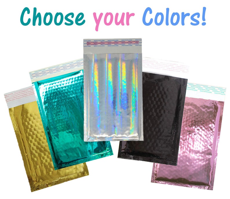 Teal Hologram or Black Padded Colorful Mirrored Self Sealing Rigid Envelope Mailers Gold 60 Pack 4x8 Metallic Bubble Mailers Combo Pink