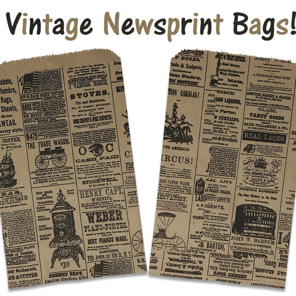 100 Pack 6x9 Newsprint Paper Bags, Vintage,  Rustic Kraft Party Favor Bags, Birthday, Wedding, Newspaper Kraft Paper Retail GIft Style Bags