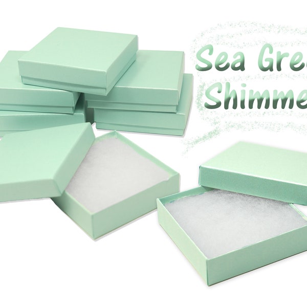 Sea Green Shimmer! 3.5x3.5x1 Inch Kraft Cotton Fiber Filled Presentation Jewelry Boxes Paper Gift Display Craft Ring, Bracelet Boxes U.S.A