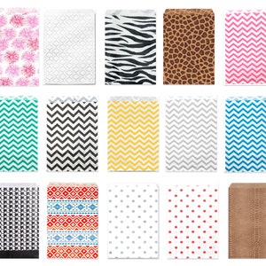 Confezione da 25, 50, 100, 200 sacchetti di carta 6x9, Chevron tribale, leopardo, zebra, a pois, sacchetti per matrimoni, sacchetti per bomboniere, sacchetti di caramelle di carta Kraft,