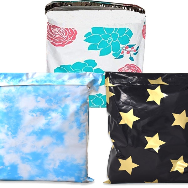 19x24 Inch Extra Large Poly Mailers, Clouds, Black Gold Stars, Spring Flowers Combo  Unpadded Sealing Shipping Bags, Inner lining Envelopes