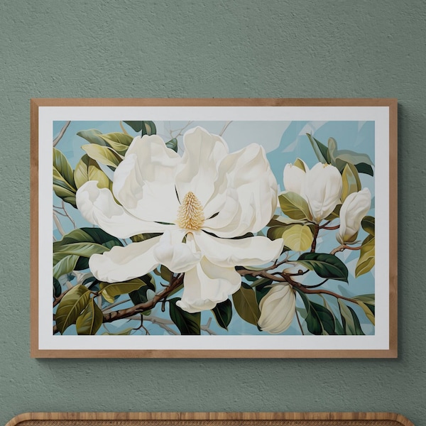 White Southern Magnolias Art Print, White, Gold Blue, Magnolia Wall Art, Digital Print, Colorful Print, Floral Illustration, Giclée Art