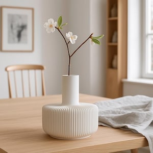 Puede incluir: Un jarrón de cerámica blanca con una base cilíndrica acanalada y un cuello delgado. El jarrón contiene una rama con flores blancas y hojas verdes. El jarrón está sobre una mesa de madera clara, creando una estética minimalista.