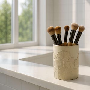 Könnte beinhalten: Ein beigefarbener Keramik-Make-up-Pinselhalter mit einem Ginkgoblatt-Design. Sechs Make-up-Pinsel befinden sich im Halter. Die Pinsel haben braune Holzgriffe und weiche, weiße Borsten.