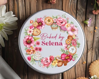 Personalized Spring Cookies and Cupcakes "Baked By" Bakery Themed Storage Tin for Easter Cookie Tin Holiday Baking Kitchen Box Baked Goods